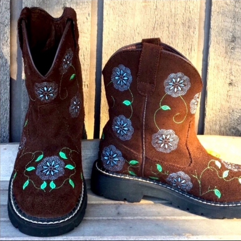 ROPER Boots FLORAL CHUNK Colorful Boho Suede Leather Brown Blue Green Size 7.5 - Picture 3 of 12